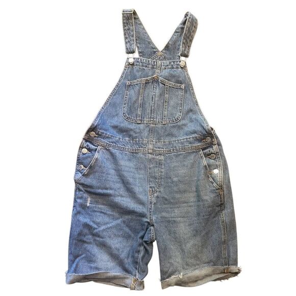 Old Navy Overall Shorts Women's 6 Small Blue Slouchy Relaxed Raw Hem Shortalls - Picture 1 of 4